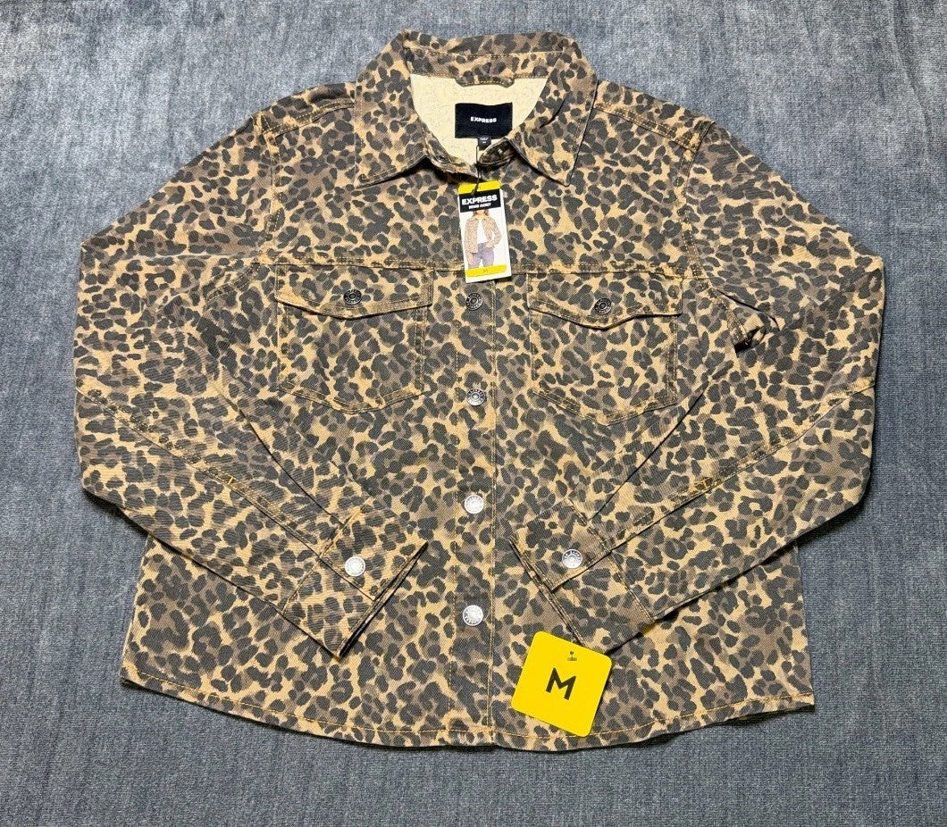 Express Lightweight Leopard Print Classic Denim Jacket Women's Medium Multicolor