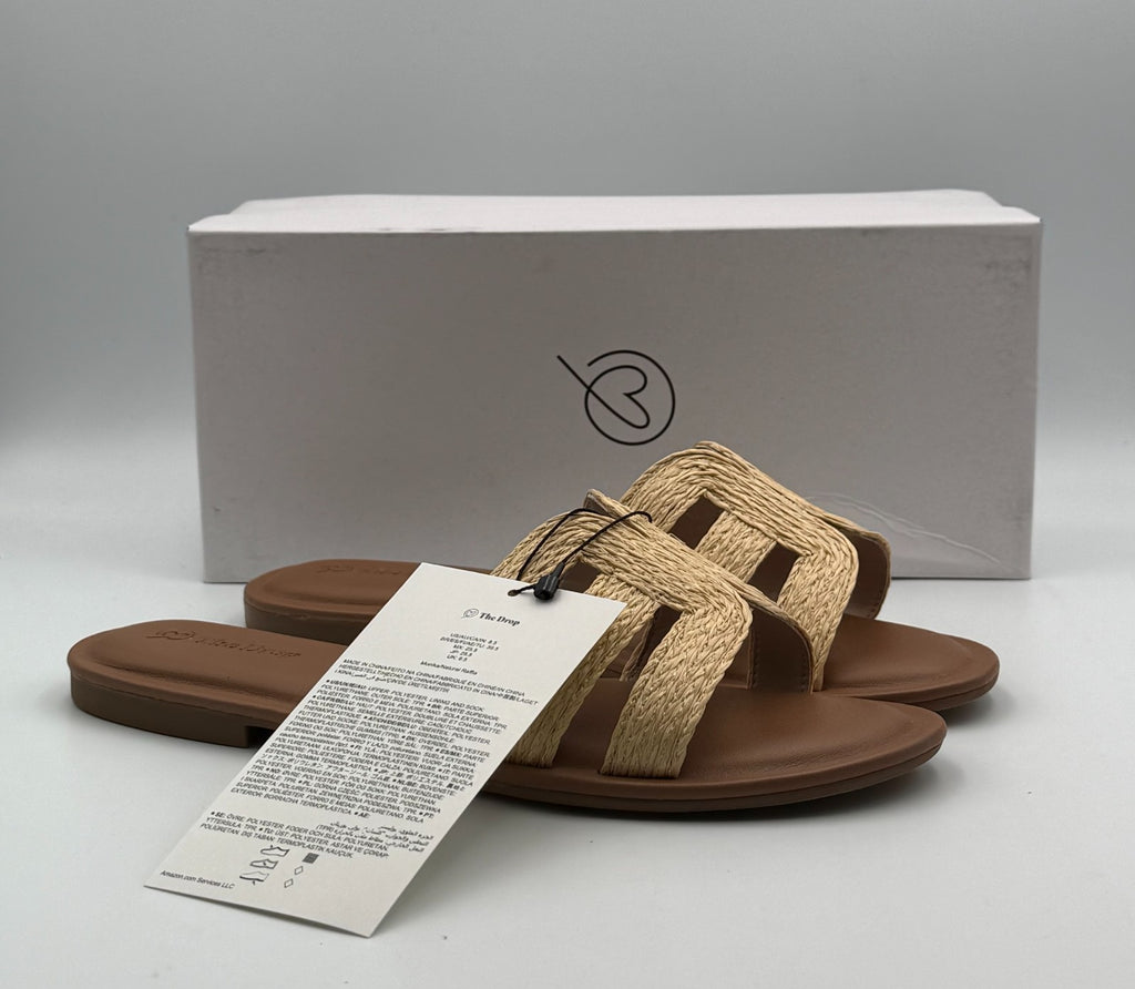 NWB The Drop Monika Sandals Women's 8.5 Natural Raffia Slip-On Flat Open Toe
