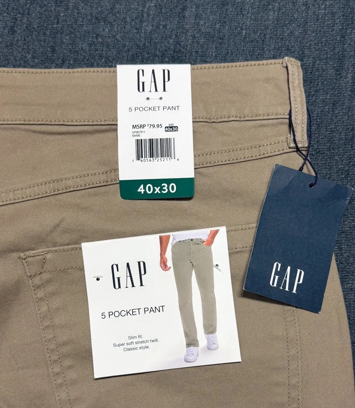 NWT Gap Slim Fit Stretch Twill Pants Men's 40x30 Khaki Zip-Fly Classic 5-Pockets