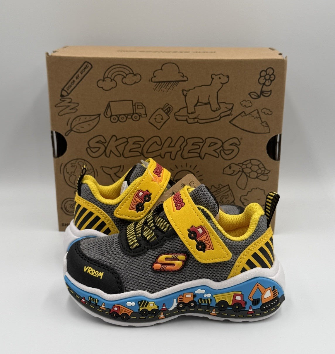 NEW Sketchers Vroom Sneakers Toddler Boys Size 5 Gray Yellow Construction Trucks