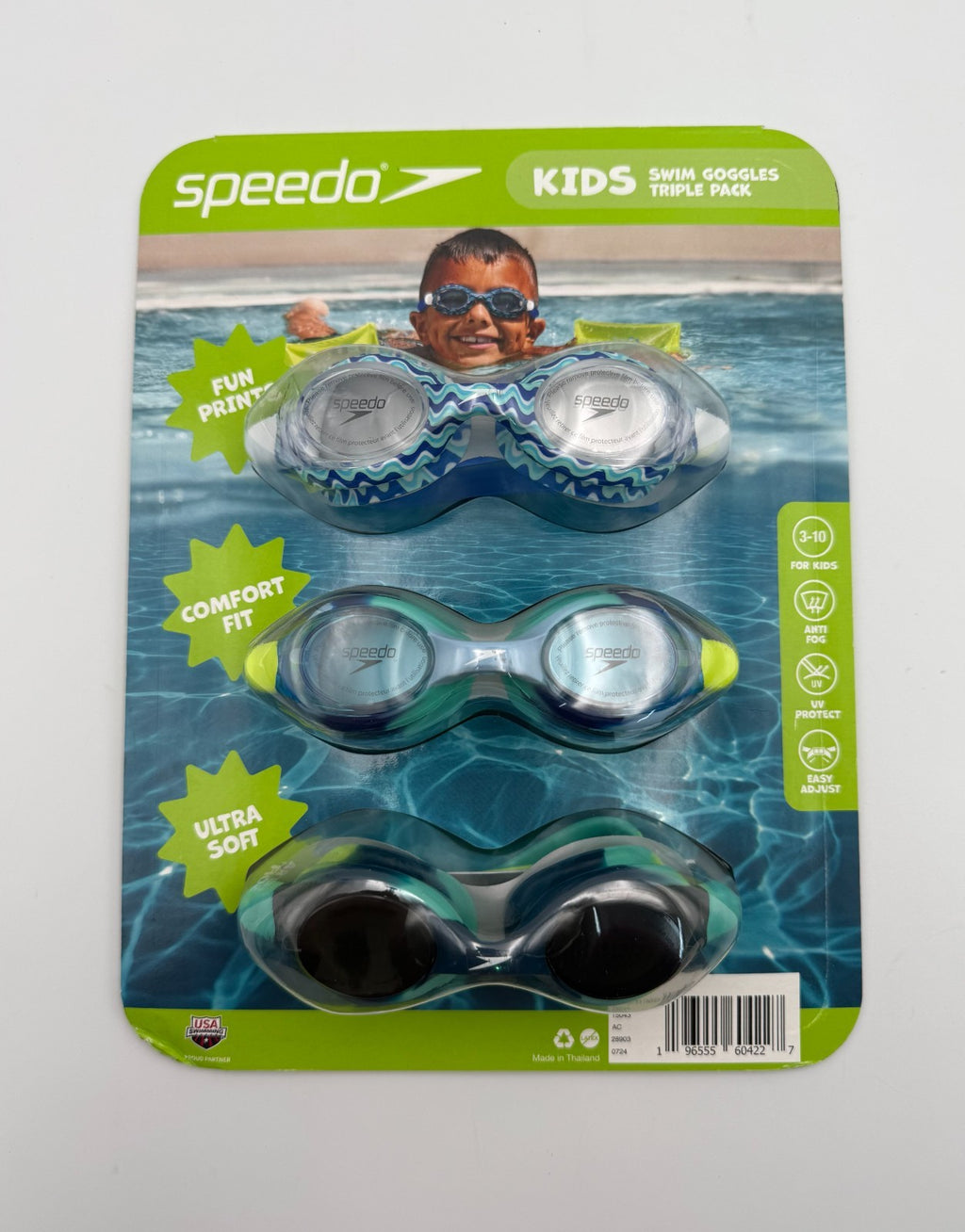 New Speedo Swim Goggles Kids 3-10 Blue Anti-Fog 100% UV Protection - Pack Of 3