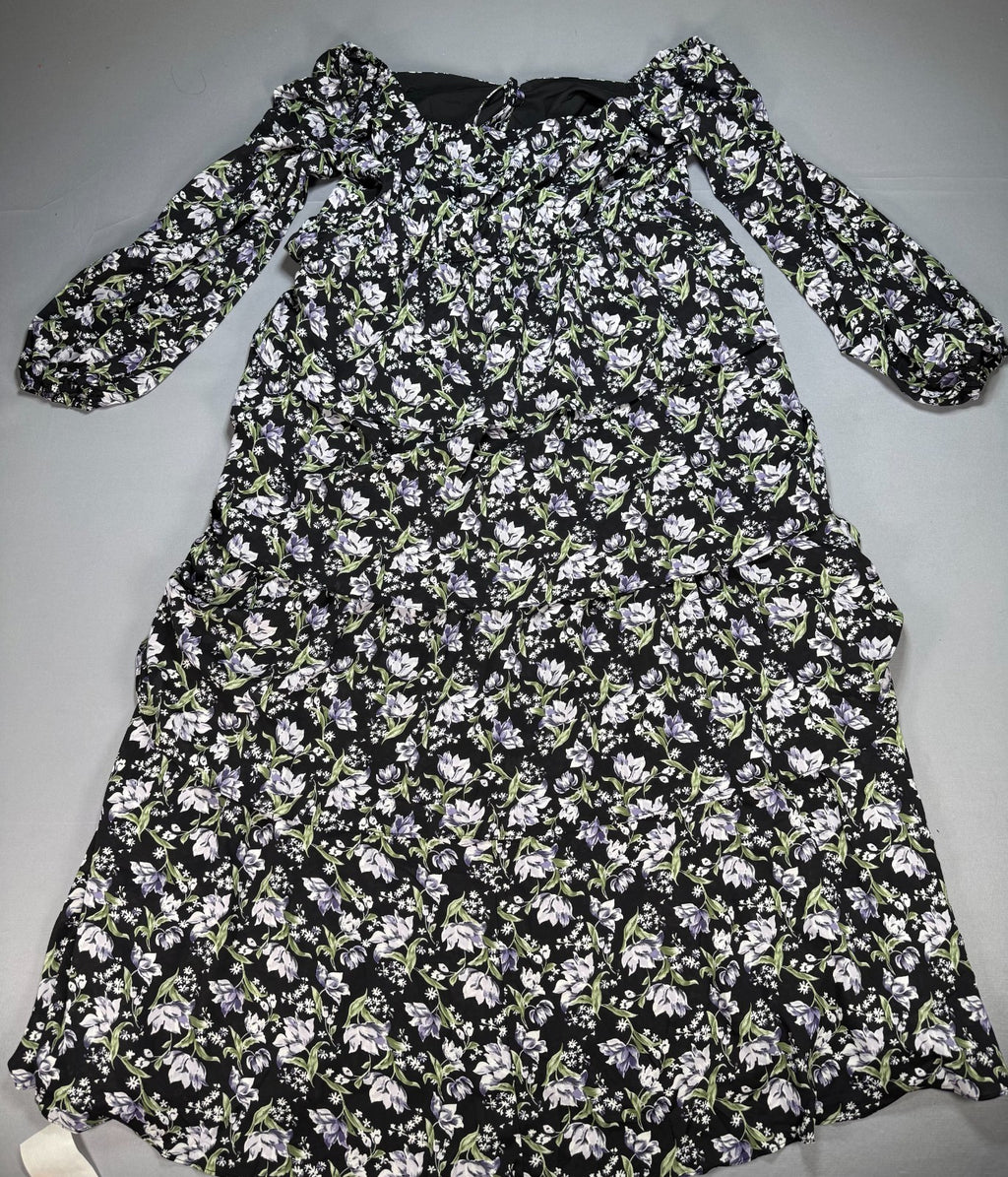 NWT Eywol Midi Dress Women's 3xl Black White Floral Tiered Ruffle Long Sleeve