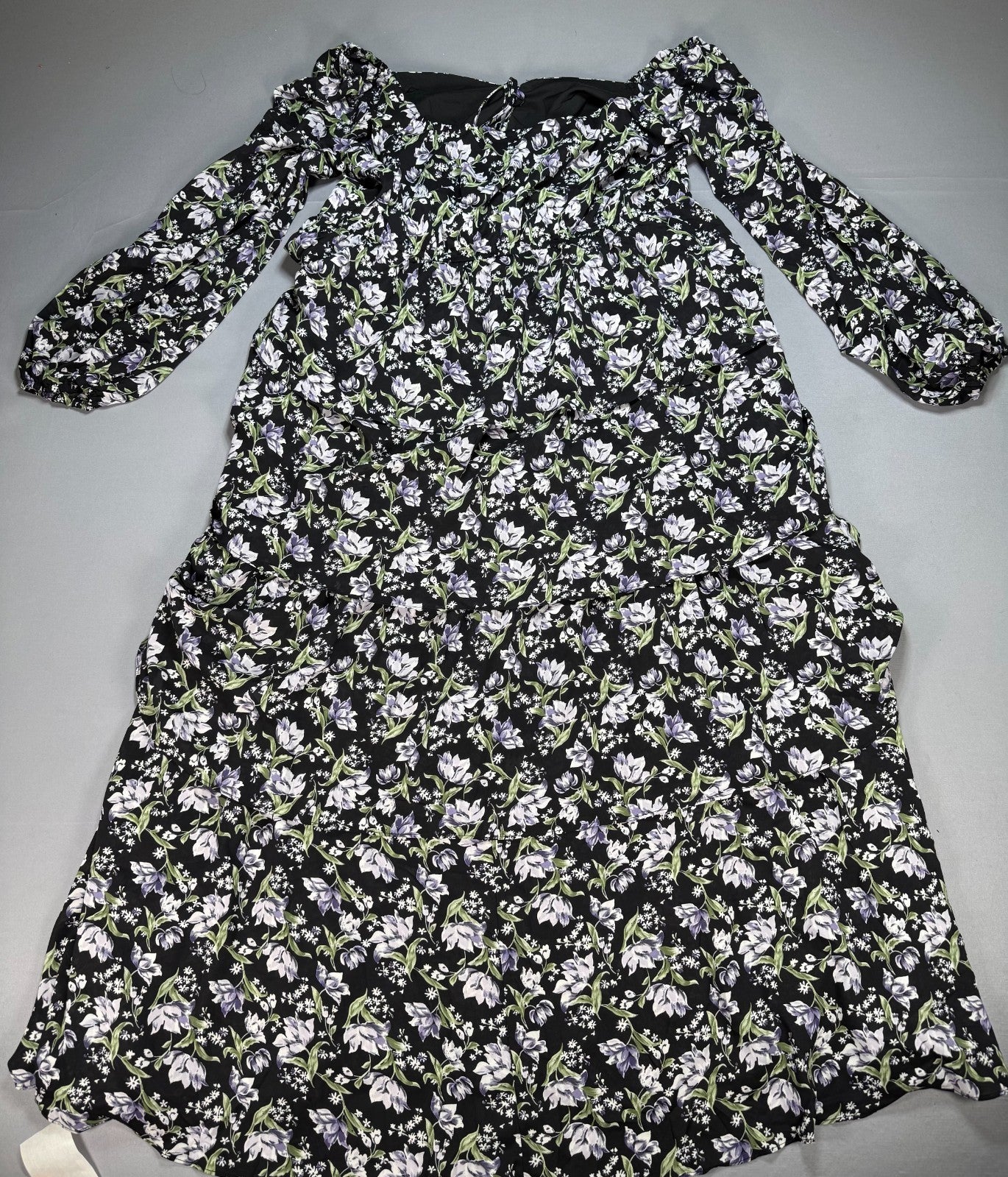 NWT Eywol Midi Dress Women's 3xl Black White Floral Tiered Ruffle Long Sleeve