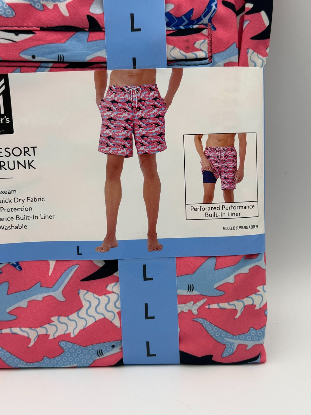 NWT Member's Mark Resort Swim Trunks Men Large Pink Shark Print Lined 7" Inseam