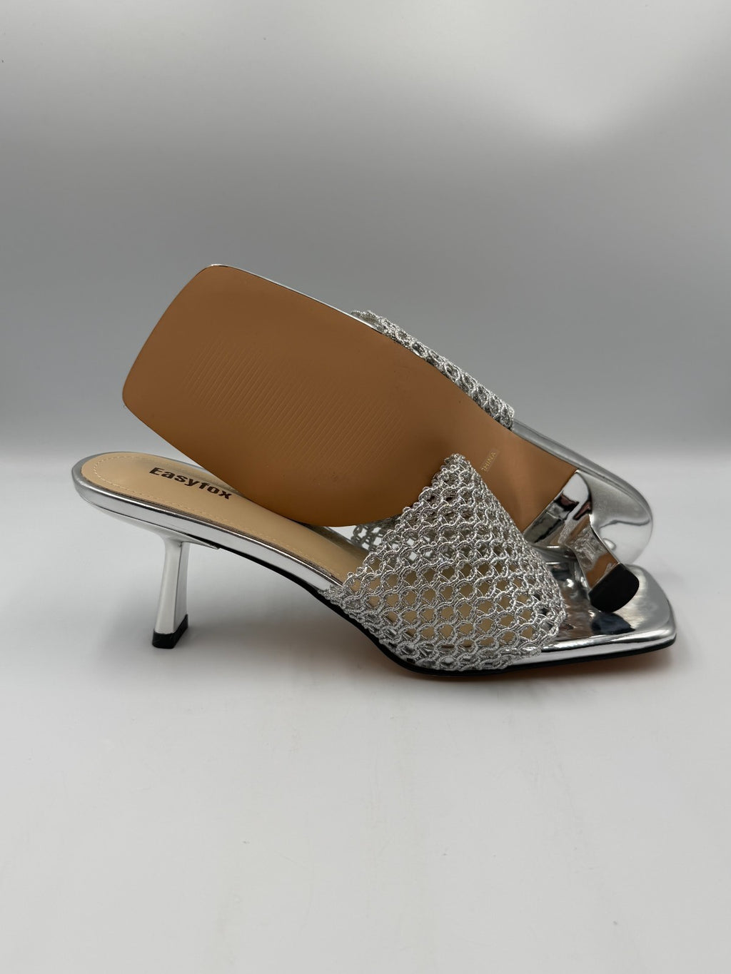NWB Easyfox Square Toe Stiletto Heeled Slip-On Sandals Women 10 Silver Open Toe