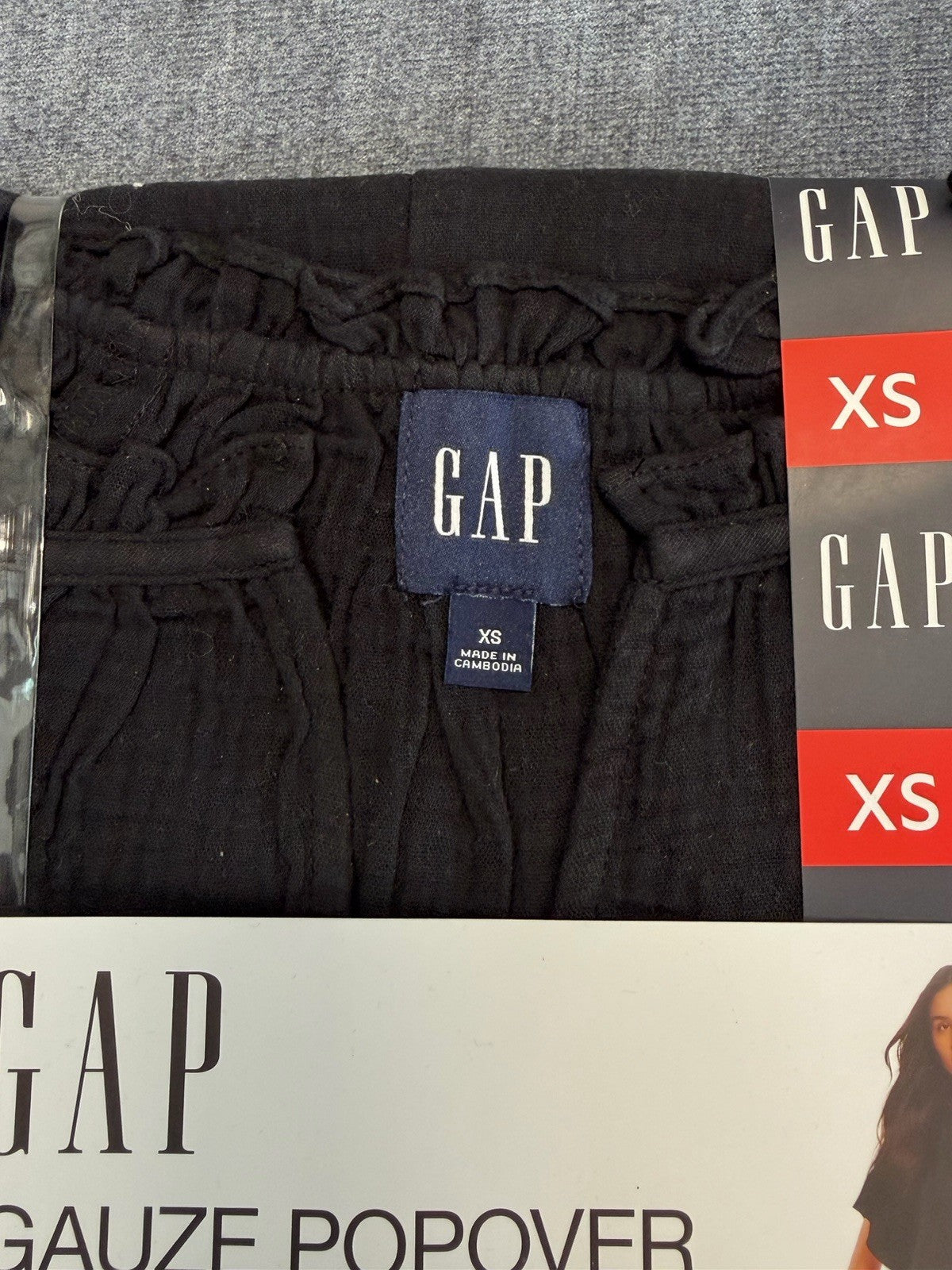 Gap Gauze Popover Dress Women's XS Black Short Sleeve Deep V-Neck 100% Cotton