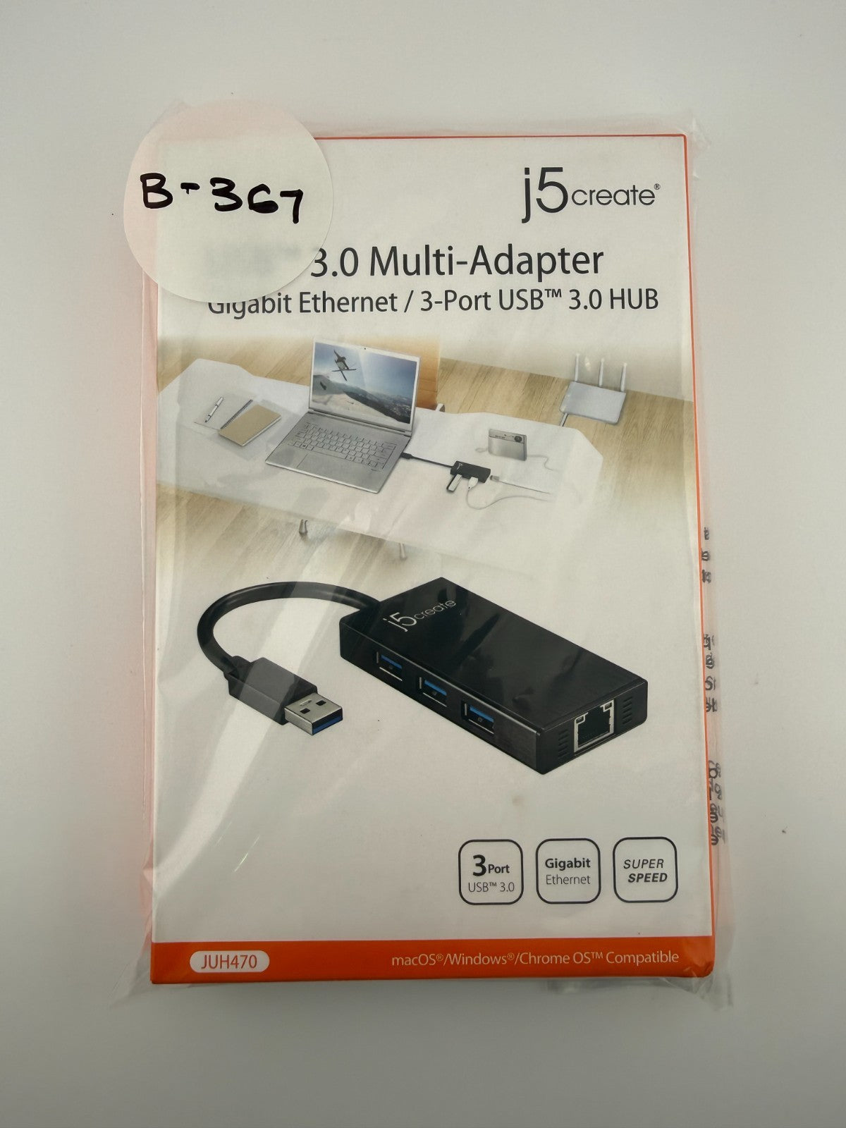 NEW J5Create JUH470 Black 3.0 USB 3-Port Gigabit Ethernet and Hub Multi-Adapter
