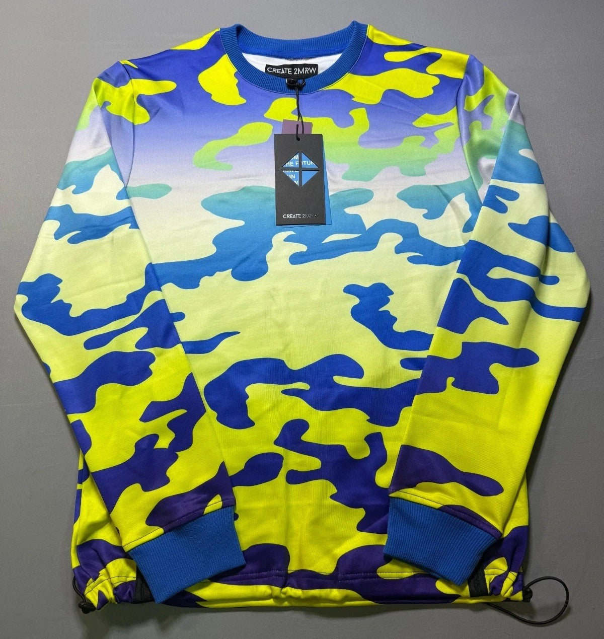 Create 2MRW Crew Neck Sweatshirt Men Small Blue Camo Long Sleeve w/ Ribbed Hems