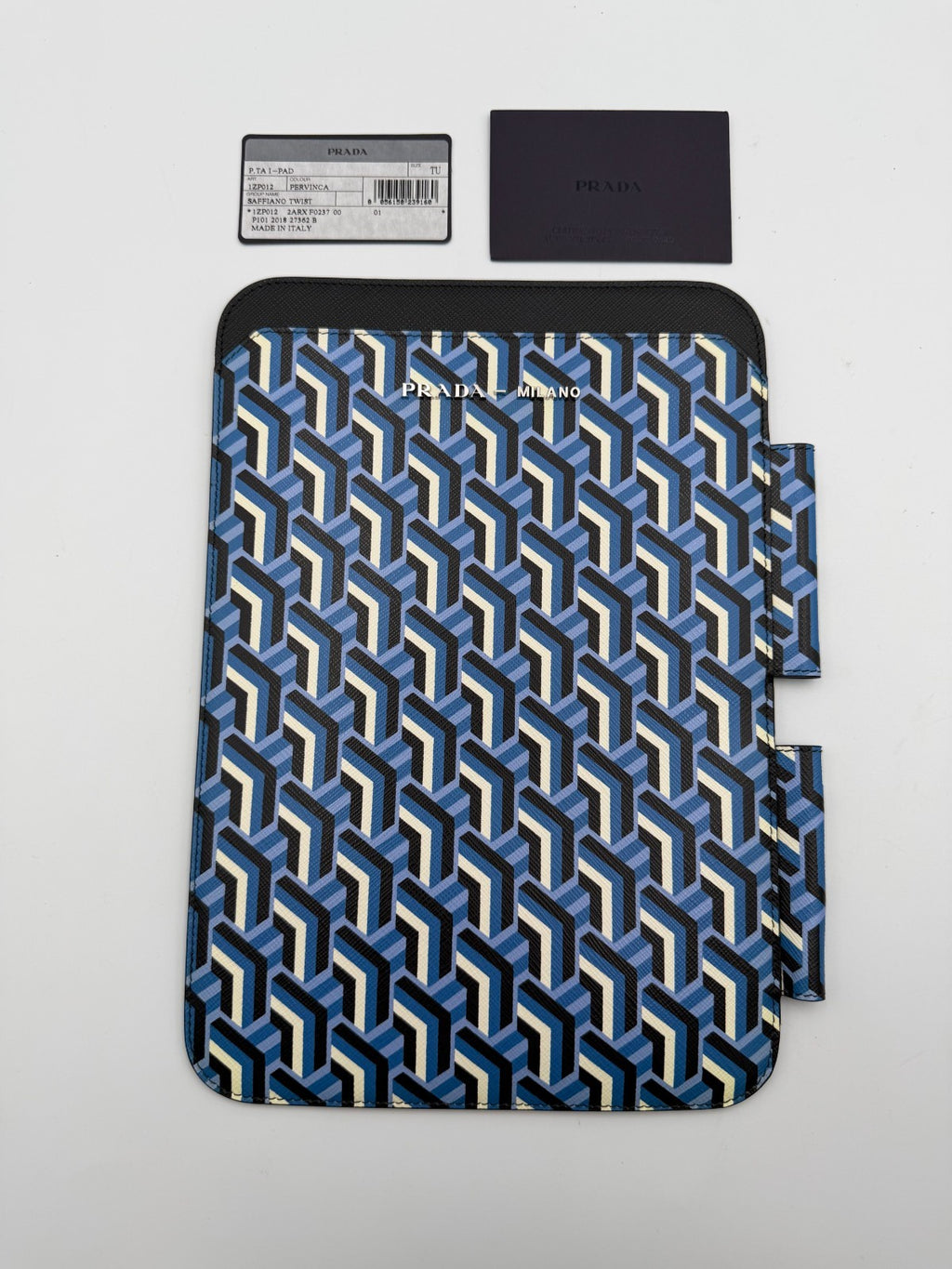 NEW Authentic Prada leather iPad Tablet Case Blue Geometric Saffiano Twist