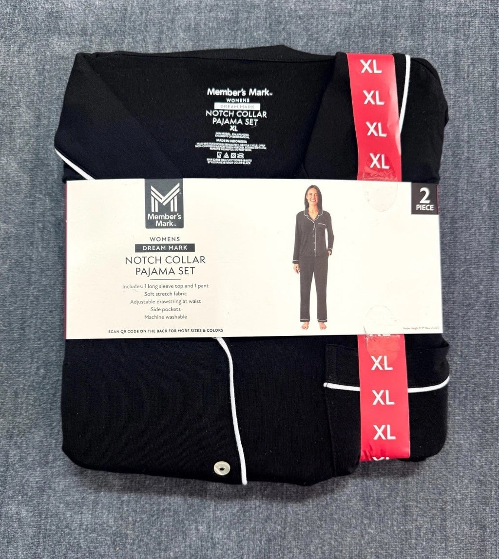 NEW Members Mark Notch Collar Pajama Set 2-Piece Women's XL Black Long-Sleeve