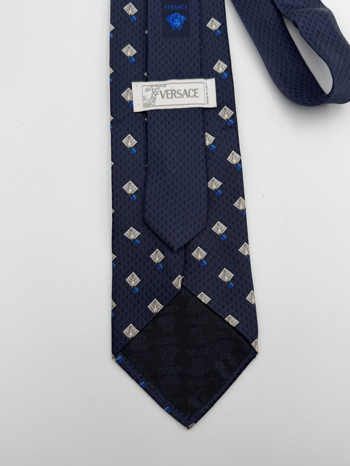 Vintage Versace Silk Necktie Men's Blue Geometric Diamond Pattern Luxury Tie