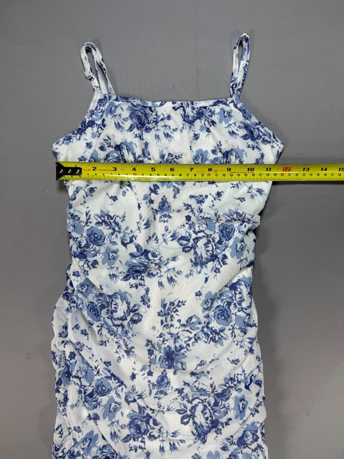 Girls Floerns Ruched Bodycon Dress 11Y Blue White Floral Cami Spaghetti Strap