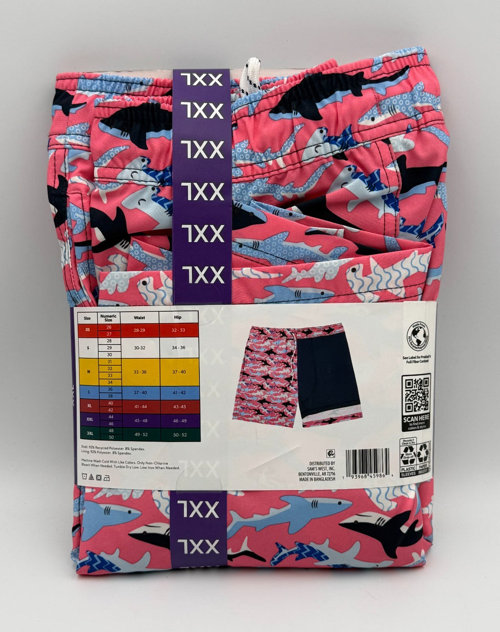 NWT Member's Mark Resort Swim Trunks Mens 2XL Pink Shark Print Drawstring Summer