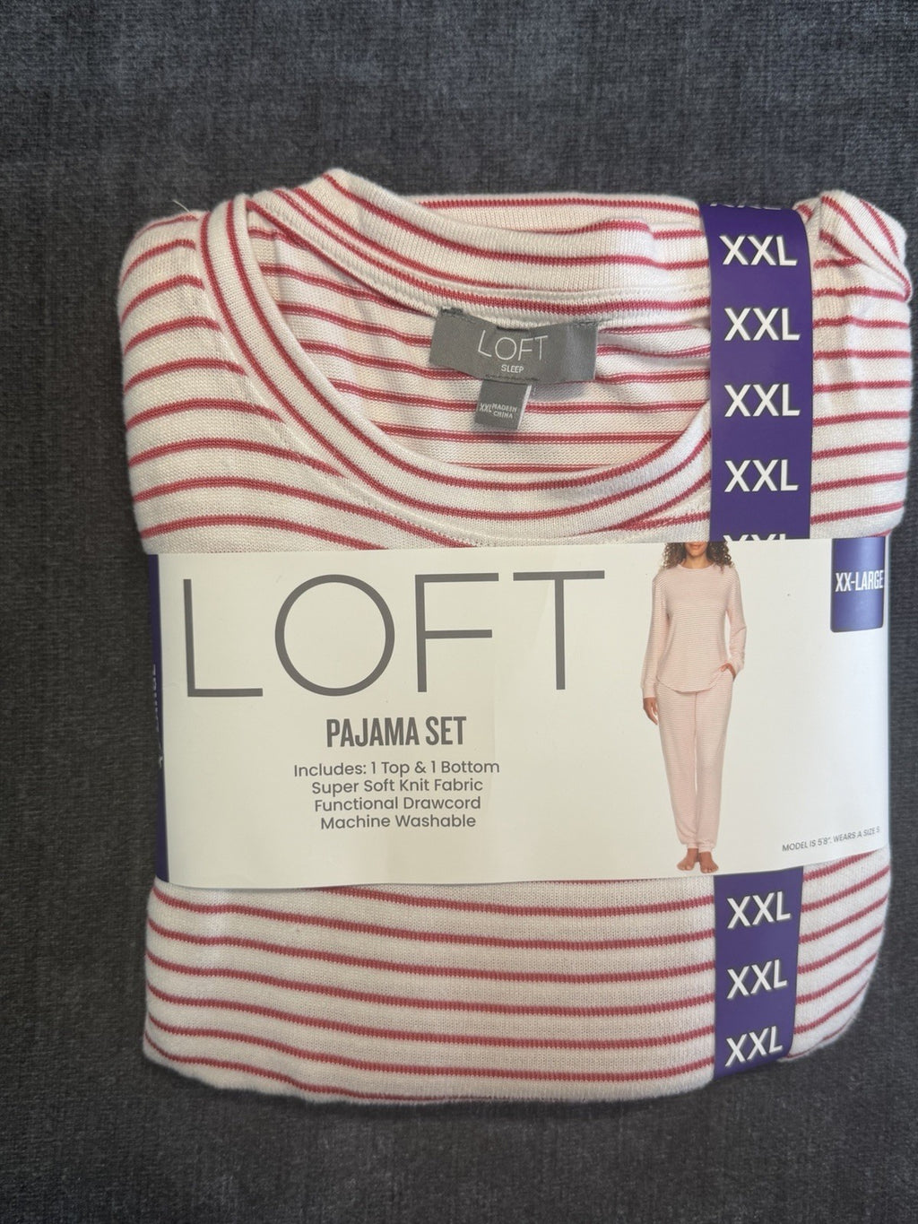 LOFT Pajama Set Women's 2XL White Pink Stripes Comfort Sleepwear Top & Bottom