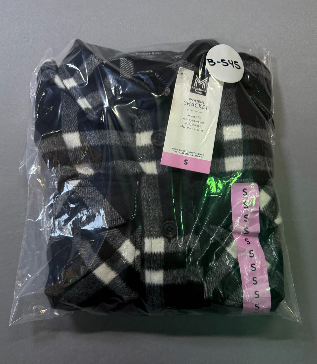NWT Member's Mark Button-Front Plaid Shacket Women's Small Black/White Pockets