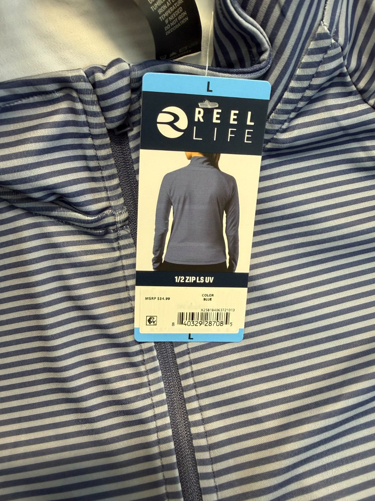 NWT Reel Life 1/2 Zip Long Sleeve UV Shirt Women’s Large Blue Striped Pullover