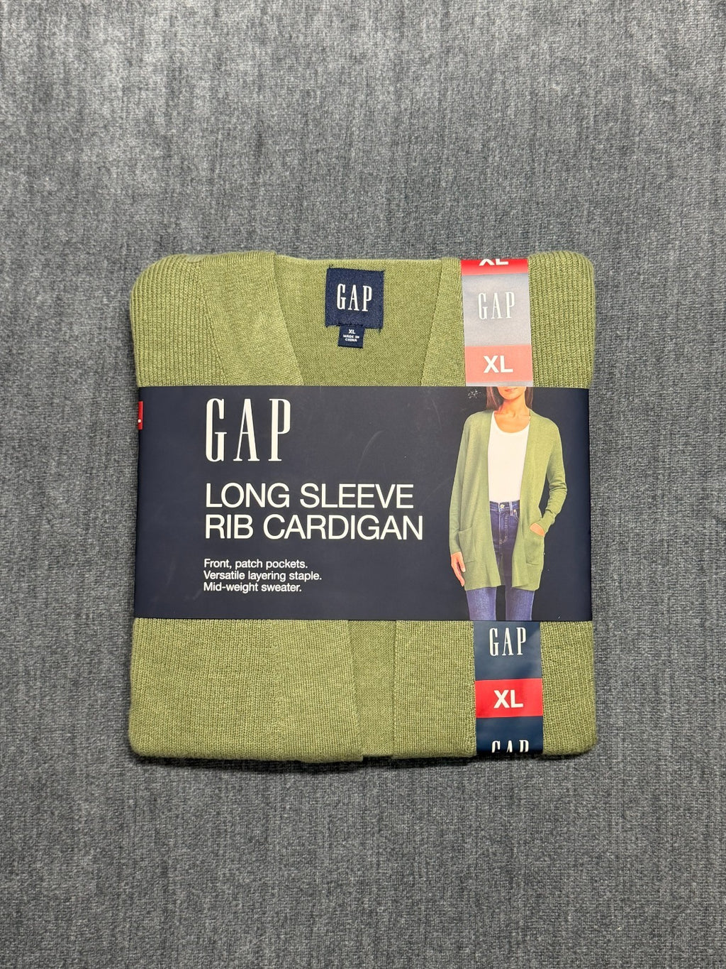 Gap Long Sleeve Rib Cardigan Sweaters Women's XL Green Patch Pockets Winter Cozy