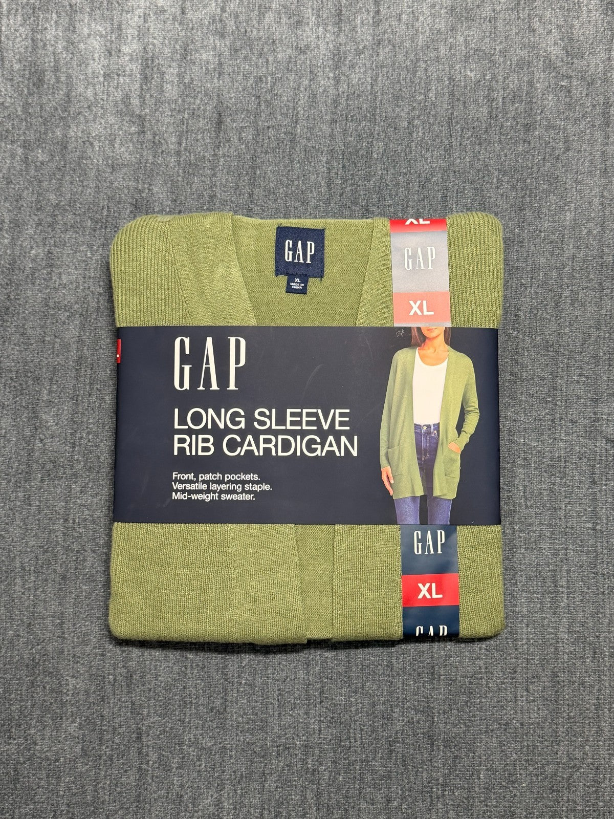 Gap Long Sleeve Rib Cardigan Sweaters Women's XL Green Patch Pockets Winter Cozy