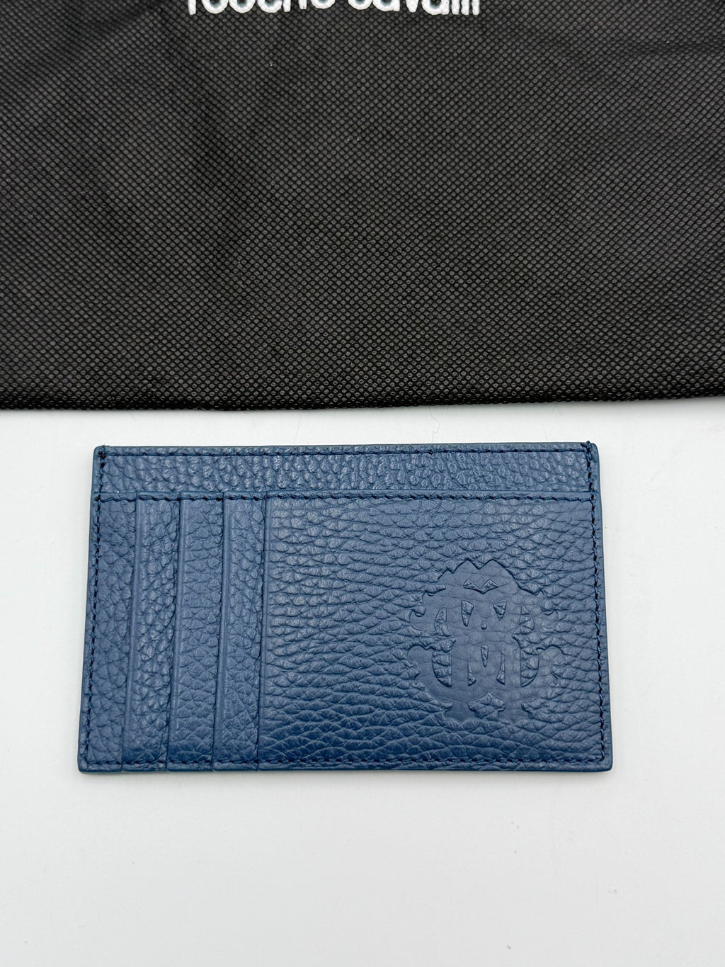NEW Roberto Cavalli Card Holder Men's Blue Grained Leather Fashion Luxury Wallet