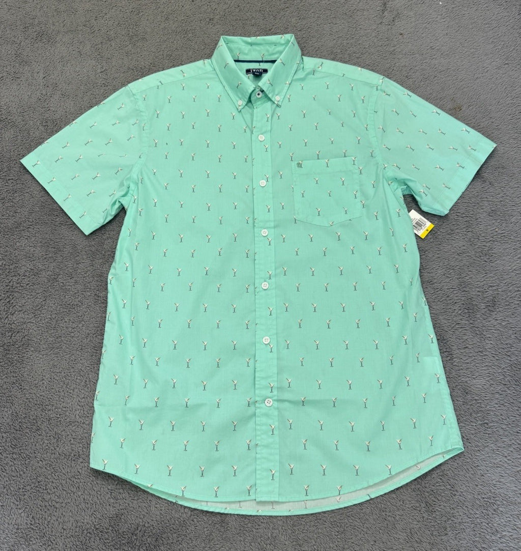 Izod Men's Short Sleeve Button Down Ice Green Breeze Woven Martini Size M NEW