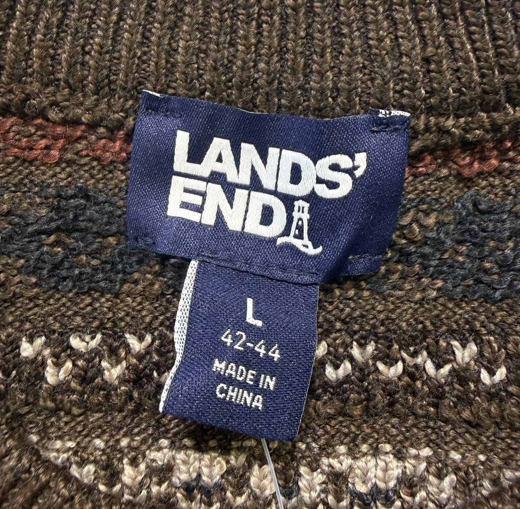 NWT Land's End Fair Isle Sweater Men's Large Brown Knitted Crew Neck Long Sleeve