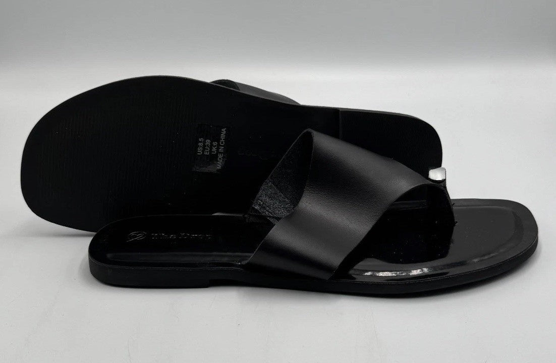 The Drop Camilla Wide Thong Flip Flop Sandal Women's 8.5 Black Vegan Leather