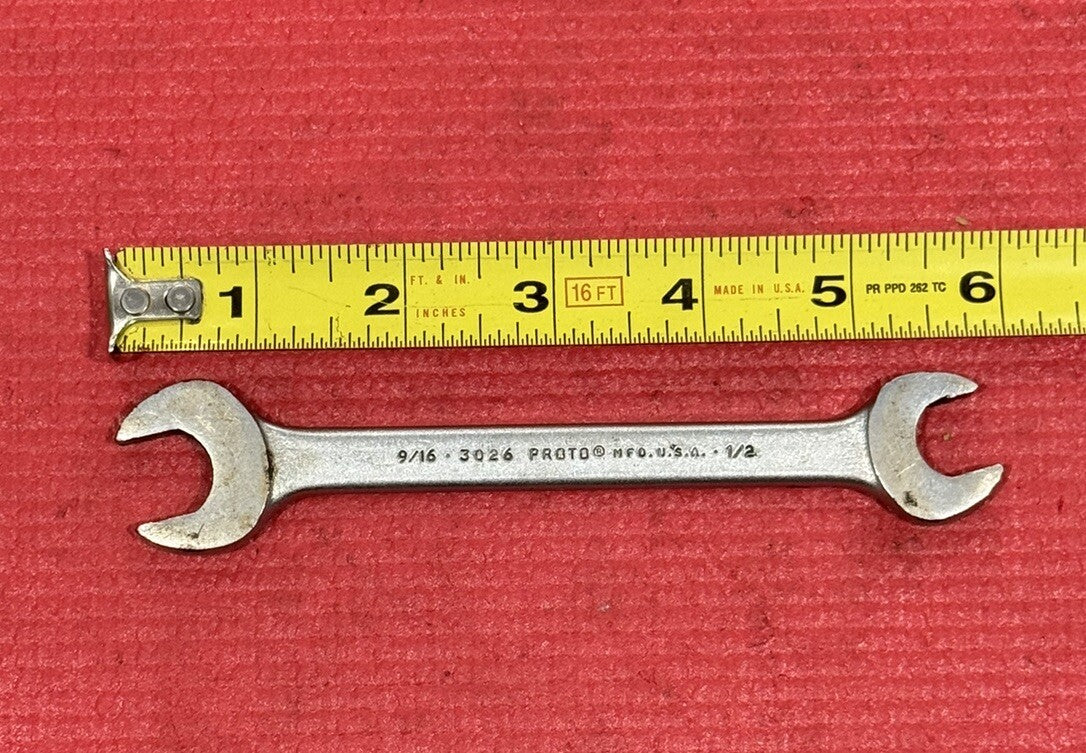 Vintage PROTO Tools 3026, SAE 1/2" X 9/16" Double Open-End Wrench Made in USA