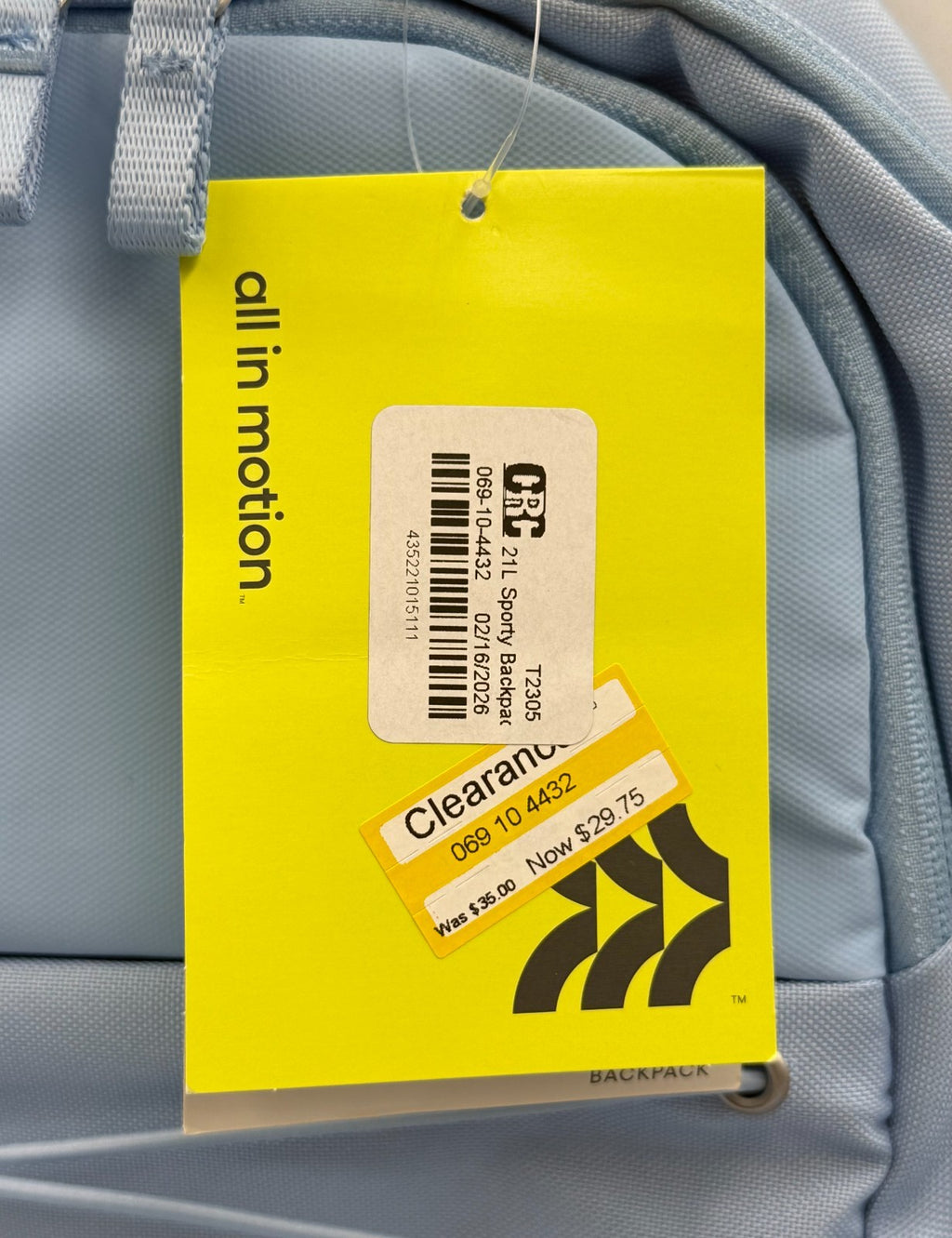 NWT All In Motion 21L Sporty Backpack Light Sky Blue Fits 15" Laptop School Bag