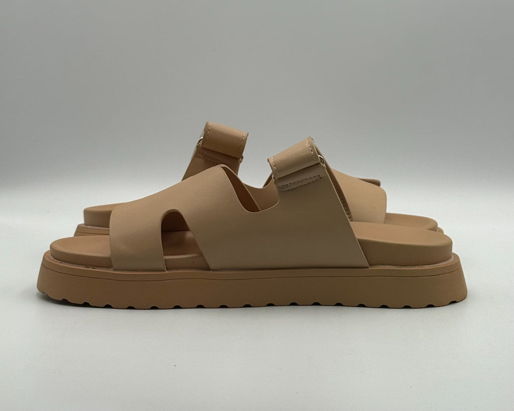 Thick Platform Slide Flat Sandals Women 11.5 Apricot Beige Open Toe Strap Summer