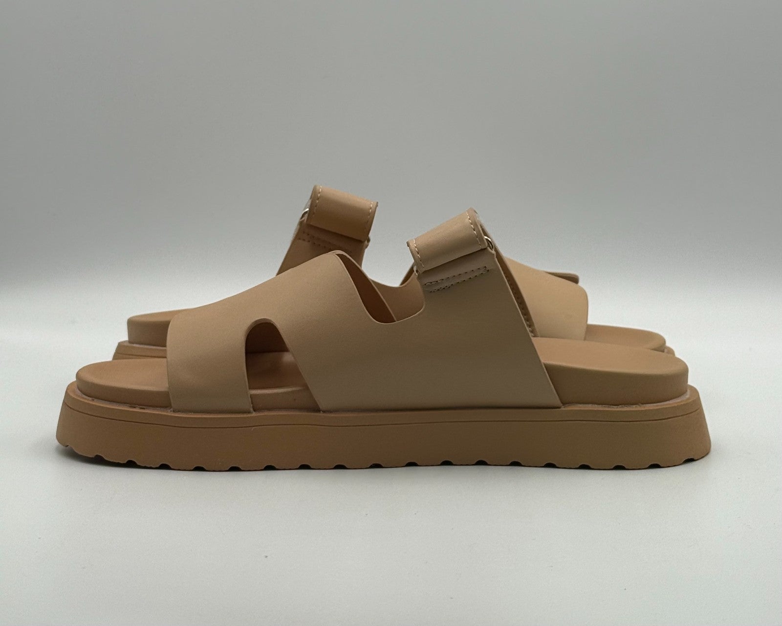 Thick Platform Slide Flat Sandals Women 11.5 Apricot Beige Open Toe Strap Summer