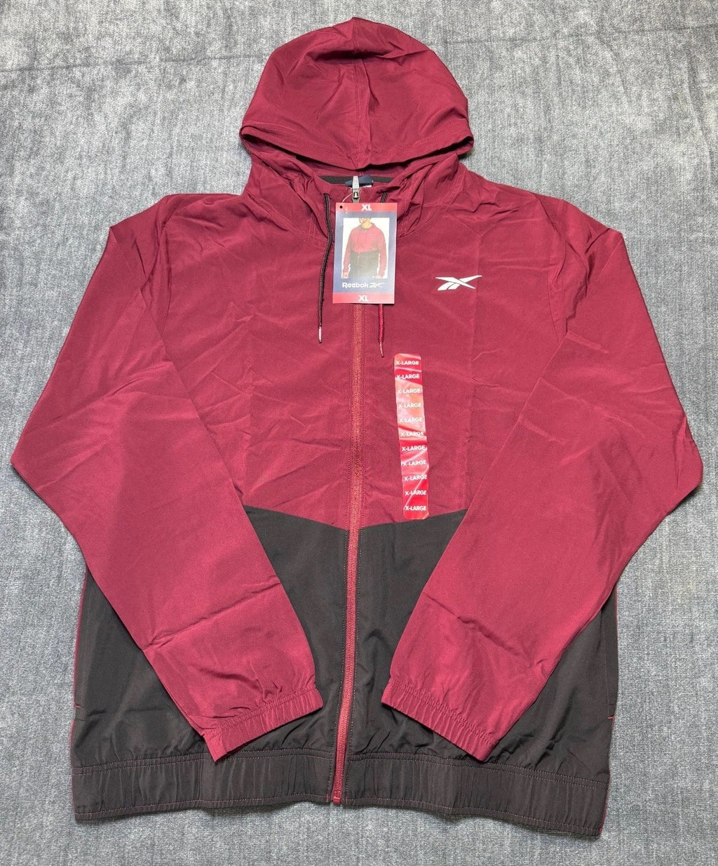 NWT Reebok Full Zip Training Woven Jacket Men's XL Maroon Black Adjustable Hood