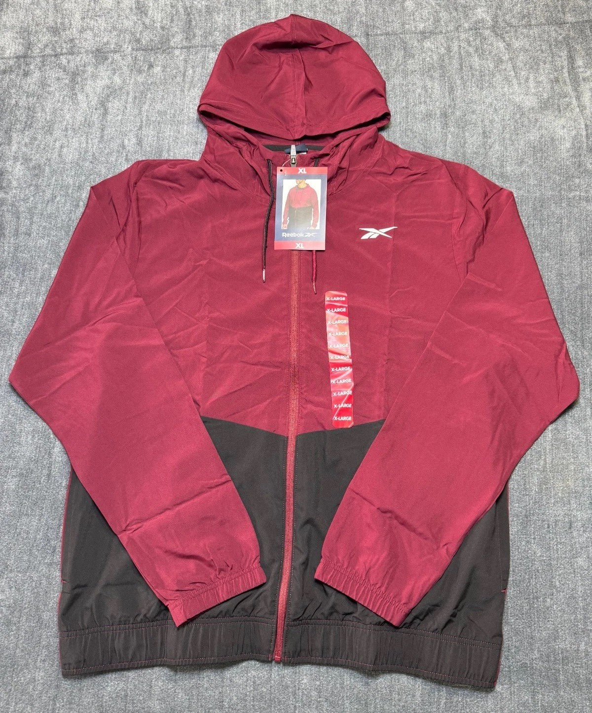 NWT Reebok Full Zip Training Woven Jacket Men's XL Maroon Black Adjustable Hood