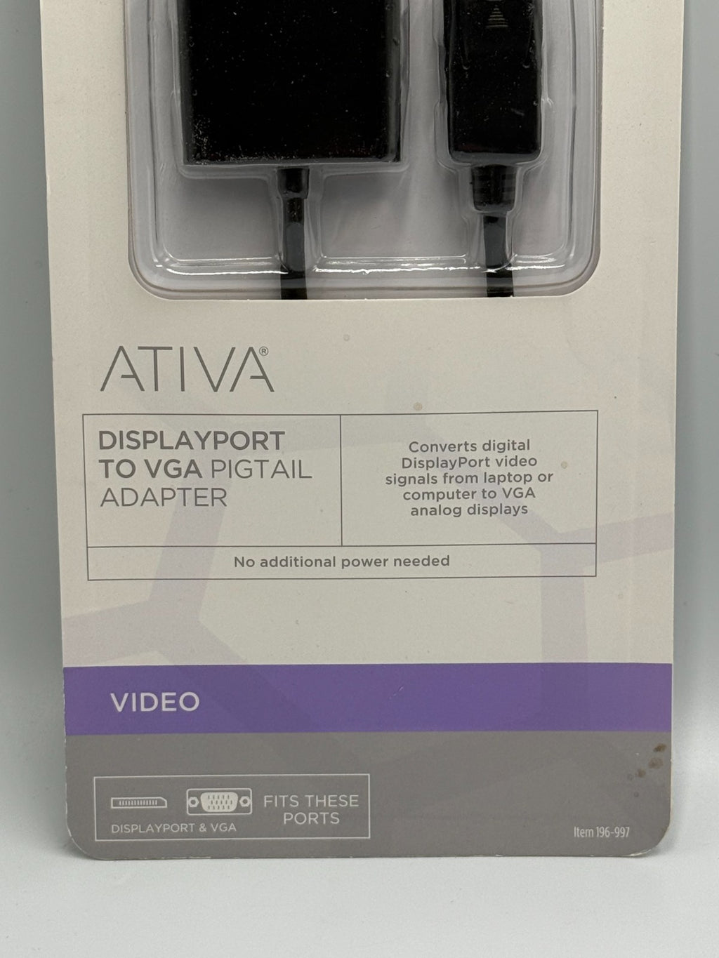 New Ativa 196-997 DisplayPort to VGA Adapter Black Male to Female Video Cord