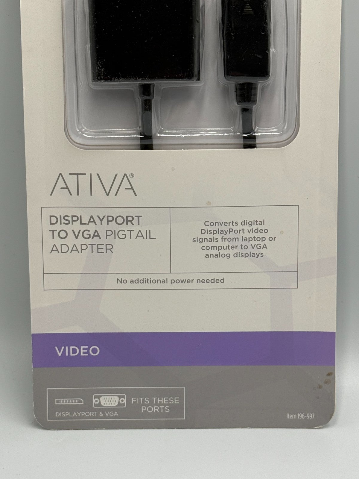 New Ativa 196-997 DisplayPort to VGA Adapter Black Male to Female Video Cord