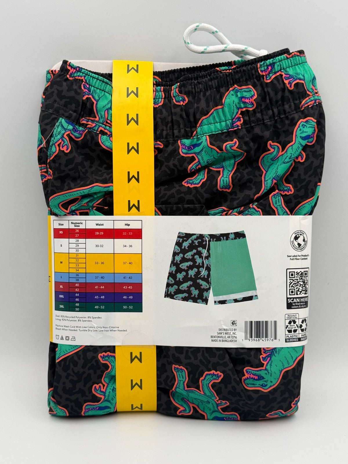 NWT Member's Mark Resort Swim Trunks Men's Medium Black Dinosaur Print 7" Inseam
