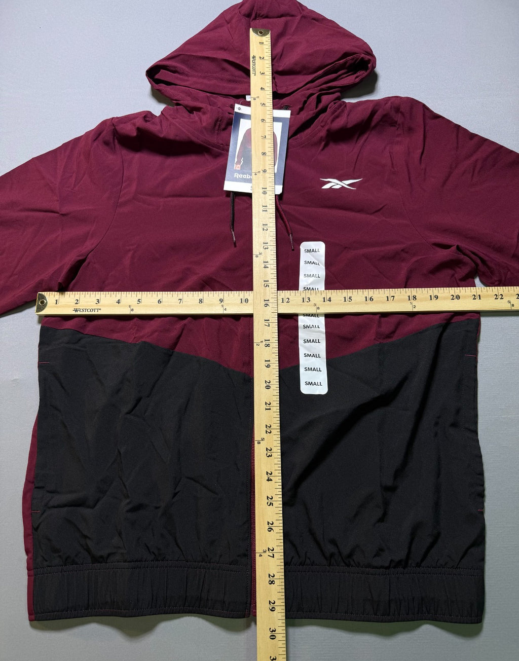 Reebok Full Zip Color Block Adjustable Hood Woven Jacket Men Small Maroon/Black