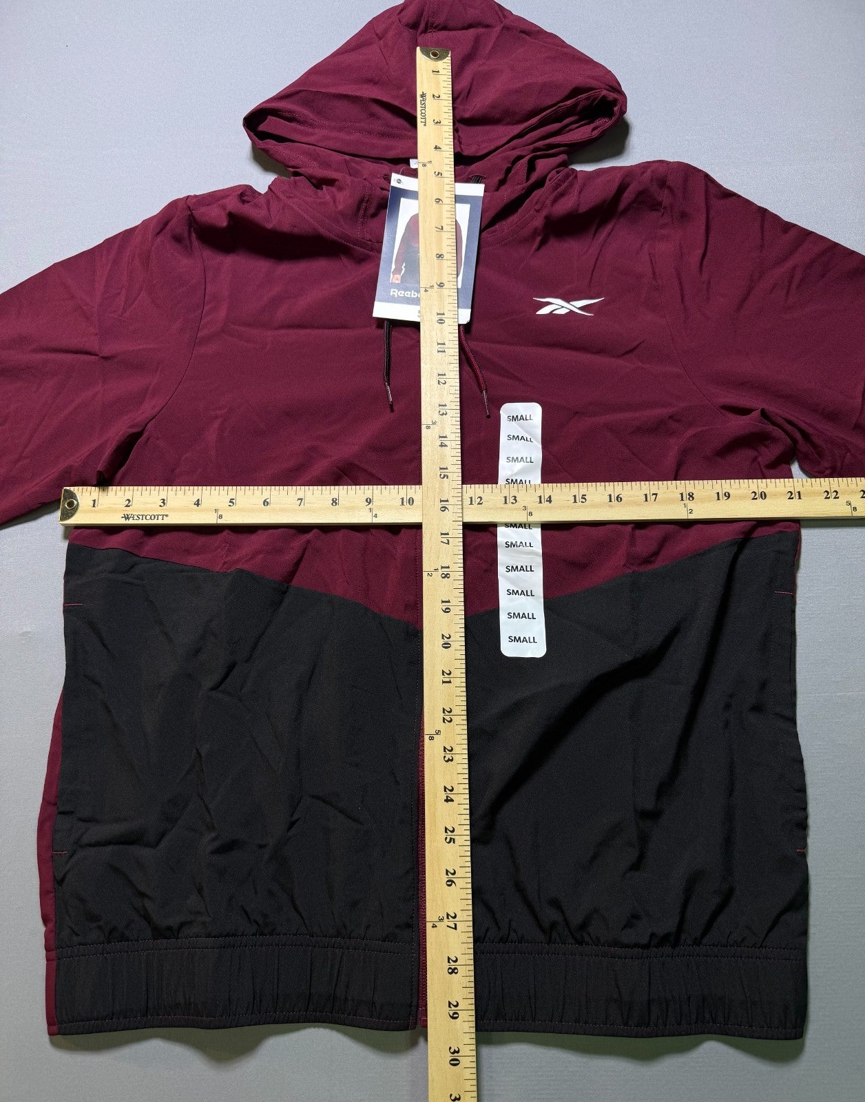 Reebok Full Zip Color Block Adjustable Hood Woven Jacket Men Small Maroon/Black
