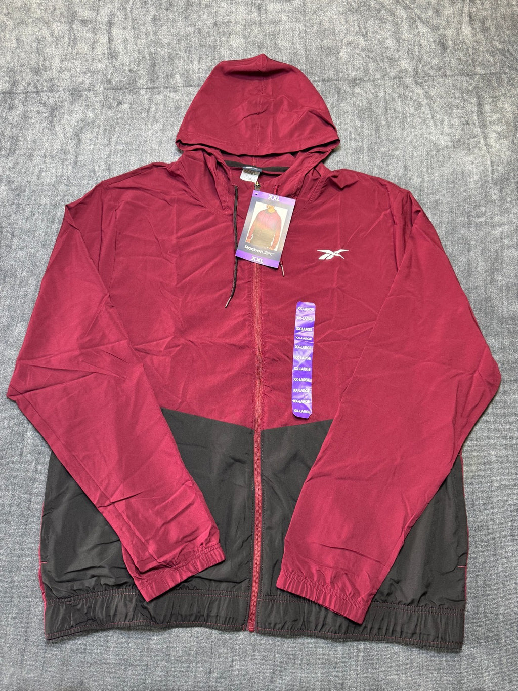 NWT Reebok Full Zip Training Woven Jacket Men 2XL Maroon Black Adjustable Hood