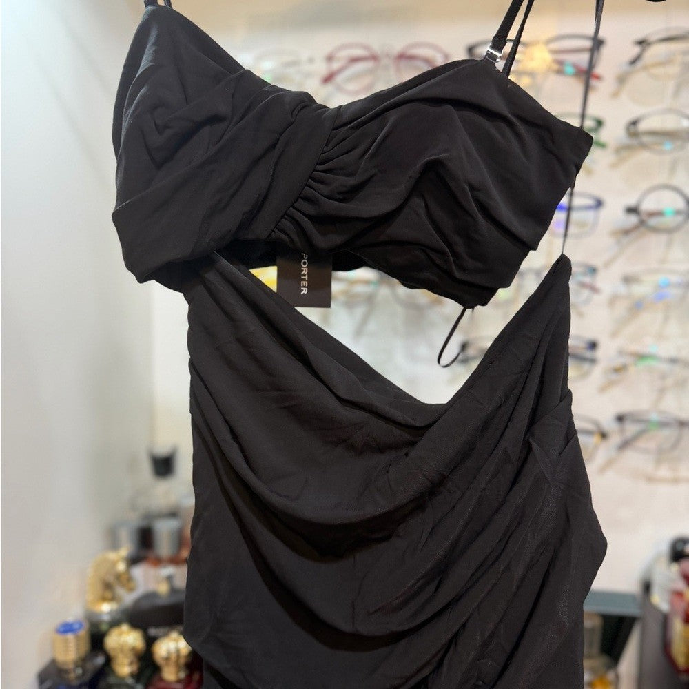 Off-White VI Crepe Drape Strapless Black Dress