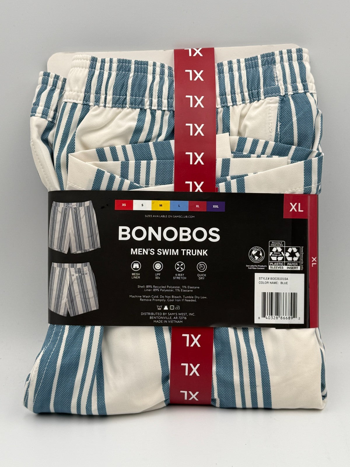 NWT Bonobos Swim Trunks Men's X-Large White Blue Striped Drawstring Summer Beach
