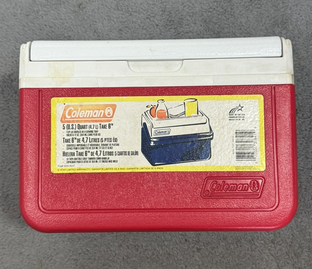 Vintage Coleman Red Flip Top Lid Personal Mini Cooler 5205, 6 Pack Lunchbox