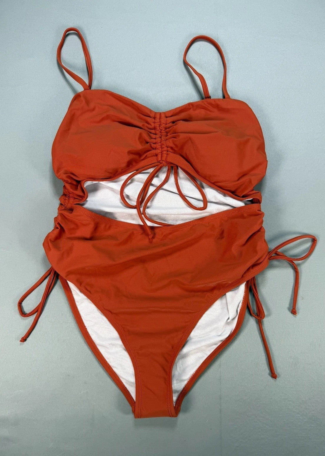 Women Drawstring One Piece Swimsuit XL Rust Orange Cutout Ruched Side Tie Summer
