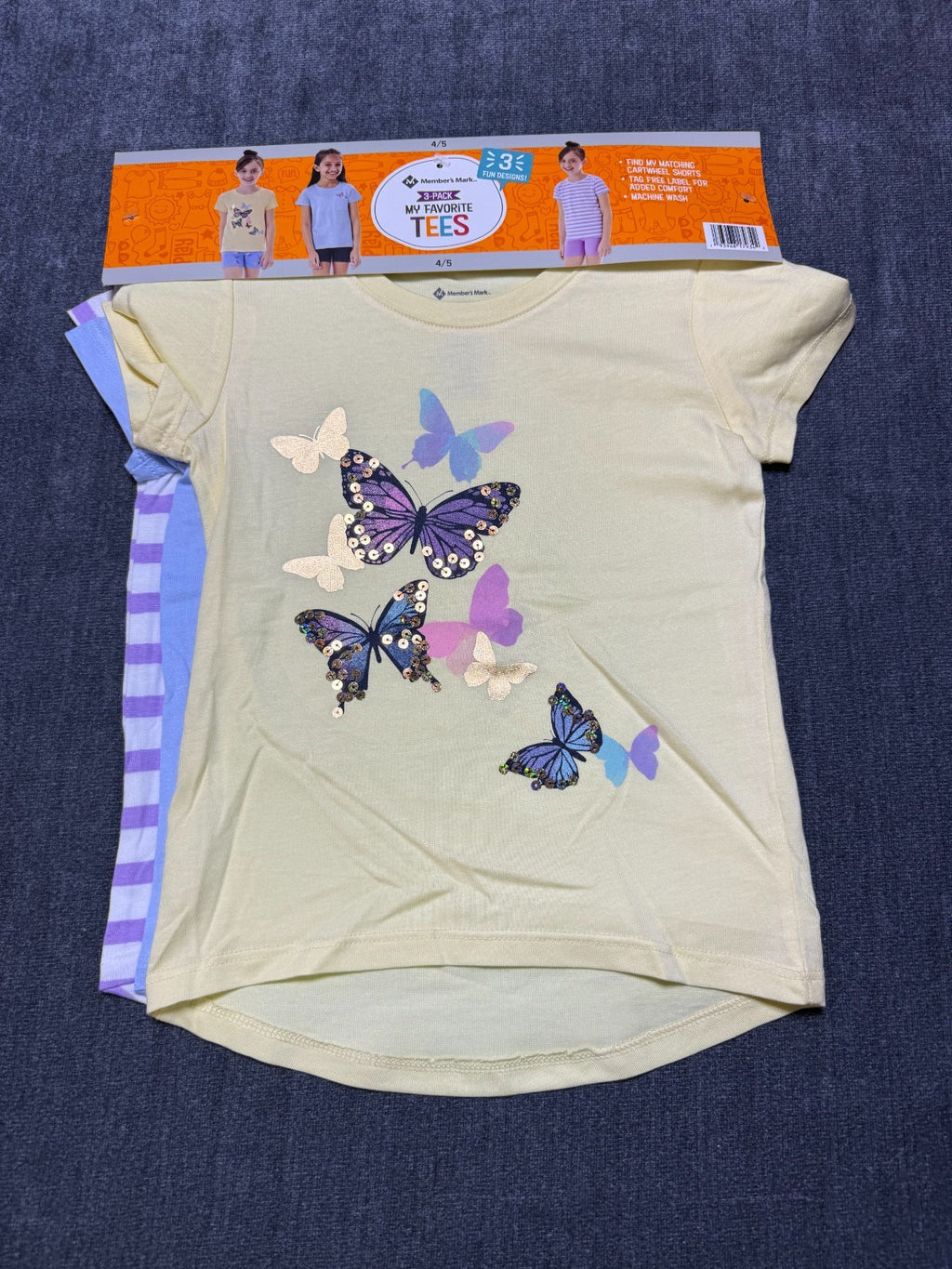 NWT Member's Mark My Favorite Active Tees Girls 4/5 Multicolor Preppy - 3-Pack
