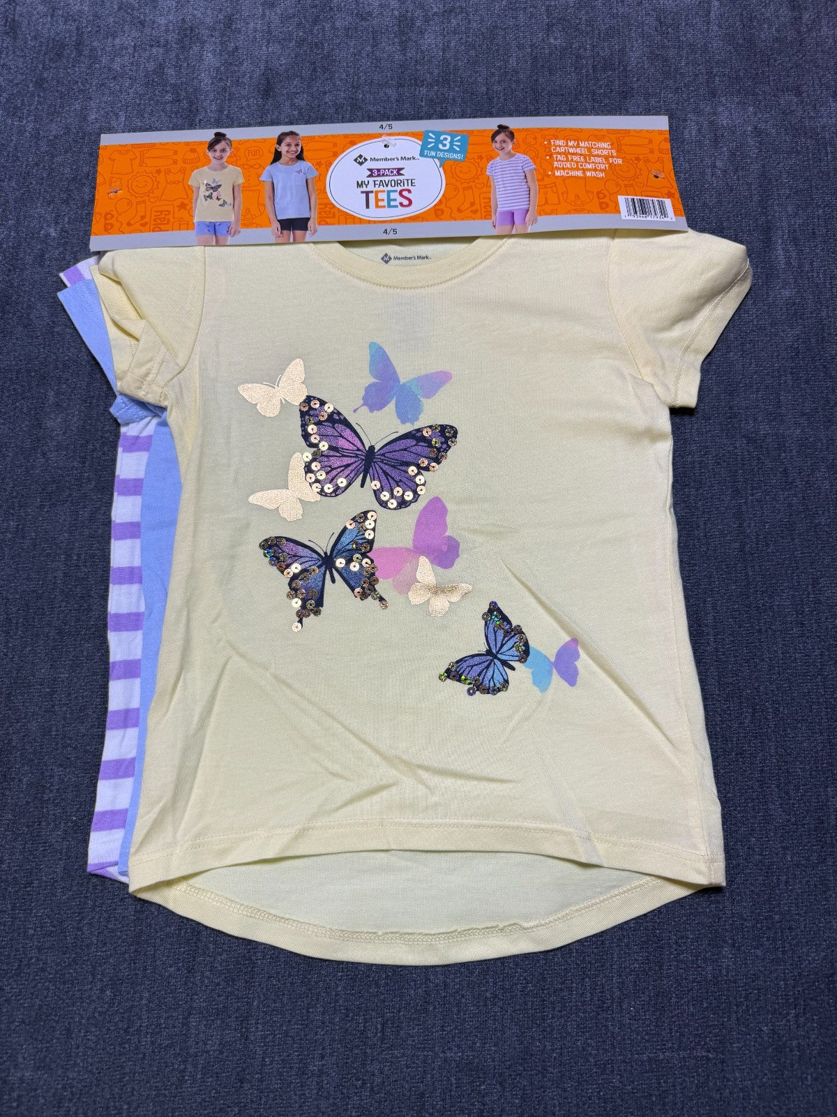 NWT Member's Mark My Favorite Active Tees Girls 4/5 Multicolor Preppy - 3-Pack