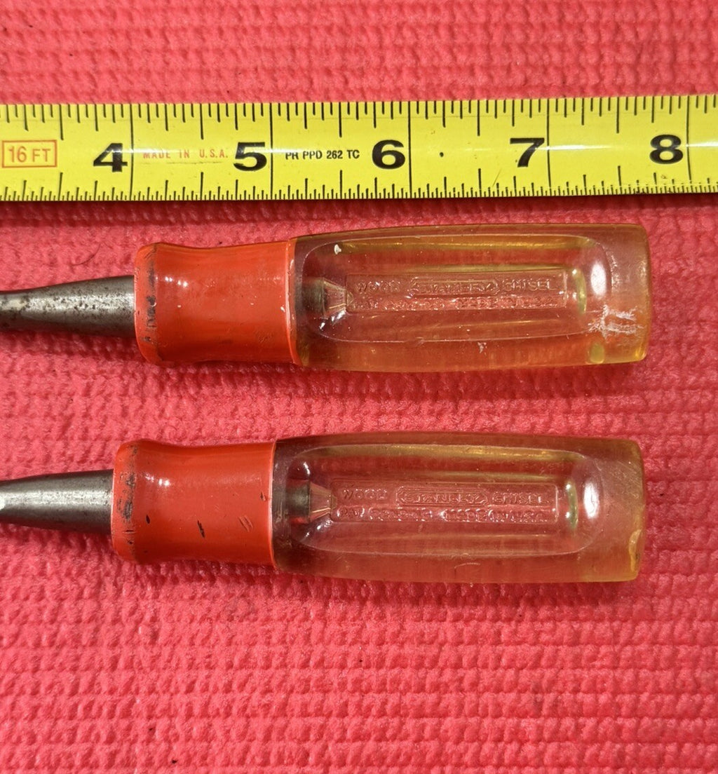 Vintage Stanley Tools 2 PC Wood Chisel clear yellow & Red handle Set Made in USA