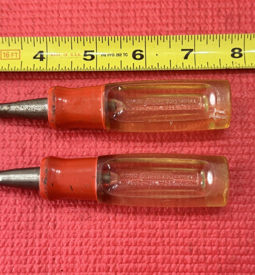 Vintage Stanley Tools 2 PC Wood Chisel clear yellow & Red handle Set Made in USA