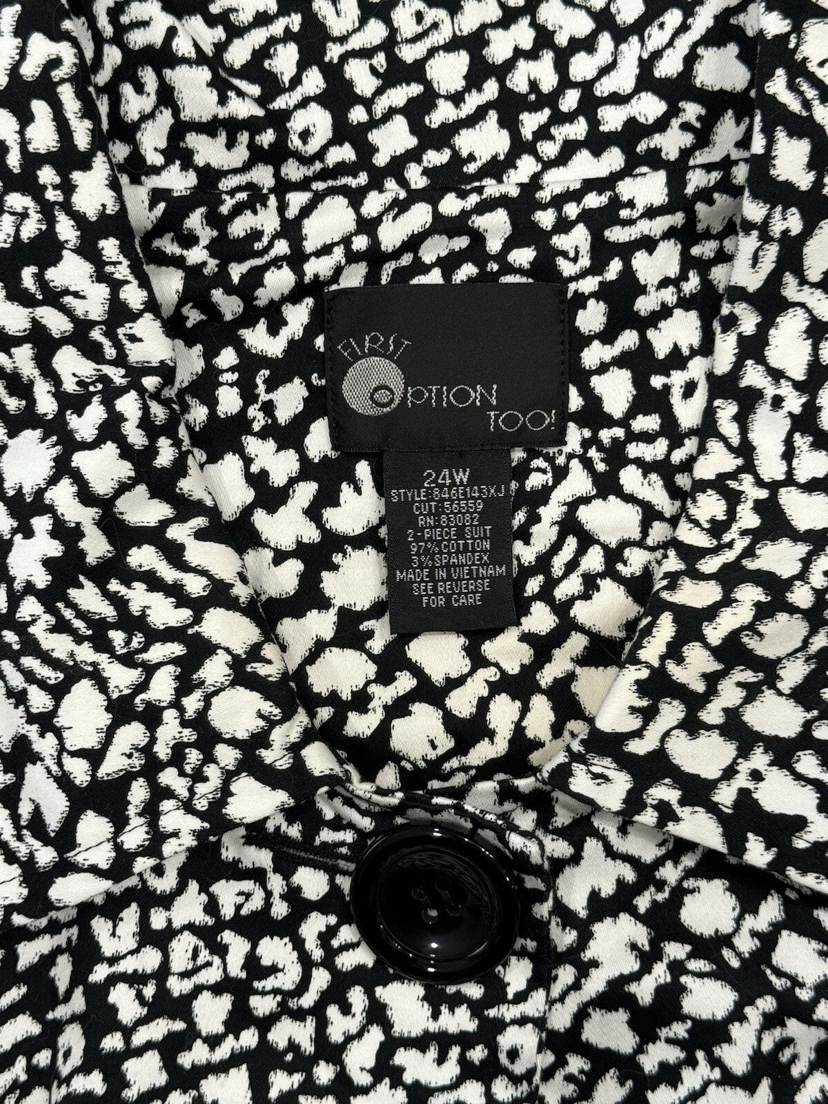 First Option Too Womens Black/White Print 3/4 Sleeves Collared Jacket Size 24W