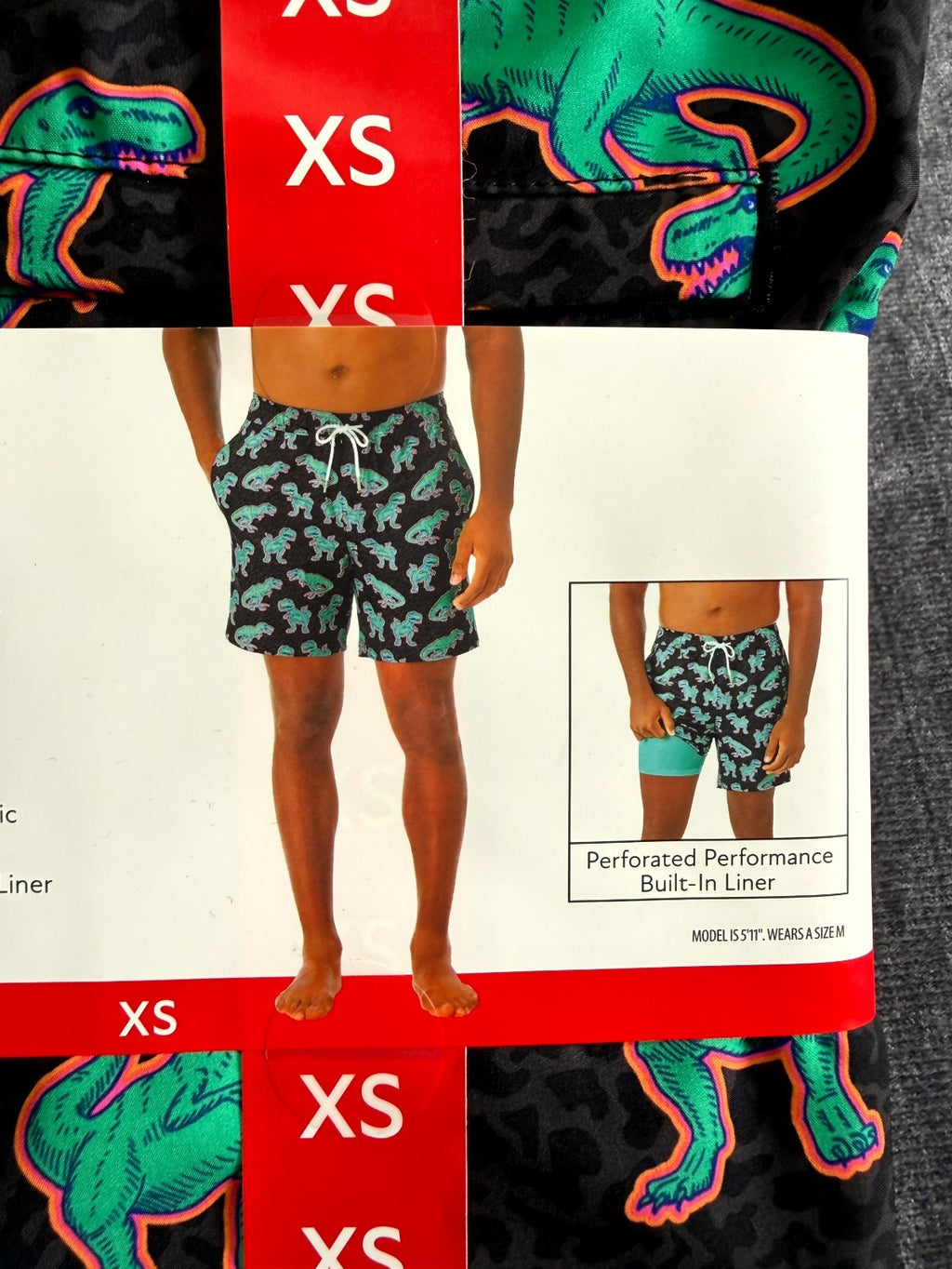 NWT Member's Mark Resort Swim Trunks Men's XS Black Dinosaur Print UPF 50+ Lined