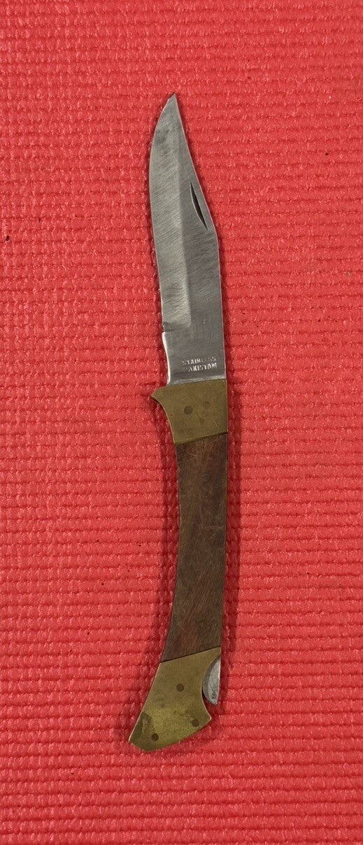 Vintage Single Folding Blade Pocket Knife 4"Pakistan Stainless Brass Wood Handle