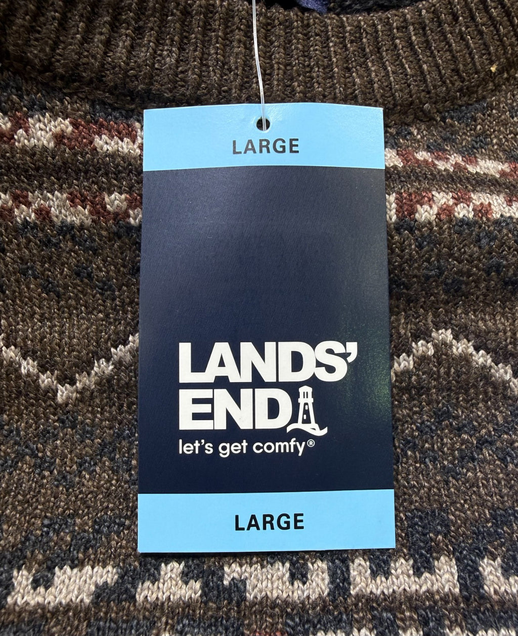 NWT Land's End Fair Isle Sweater Men's Large Brown Knitted Crew Neck Long Sleeve